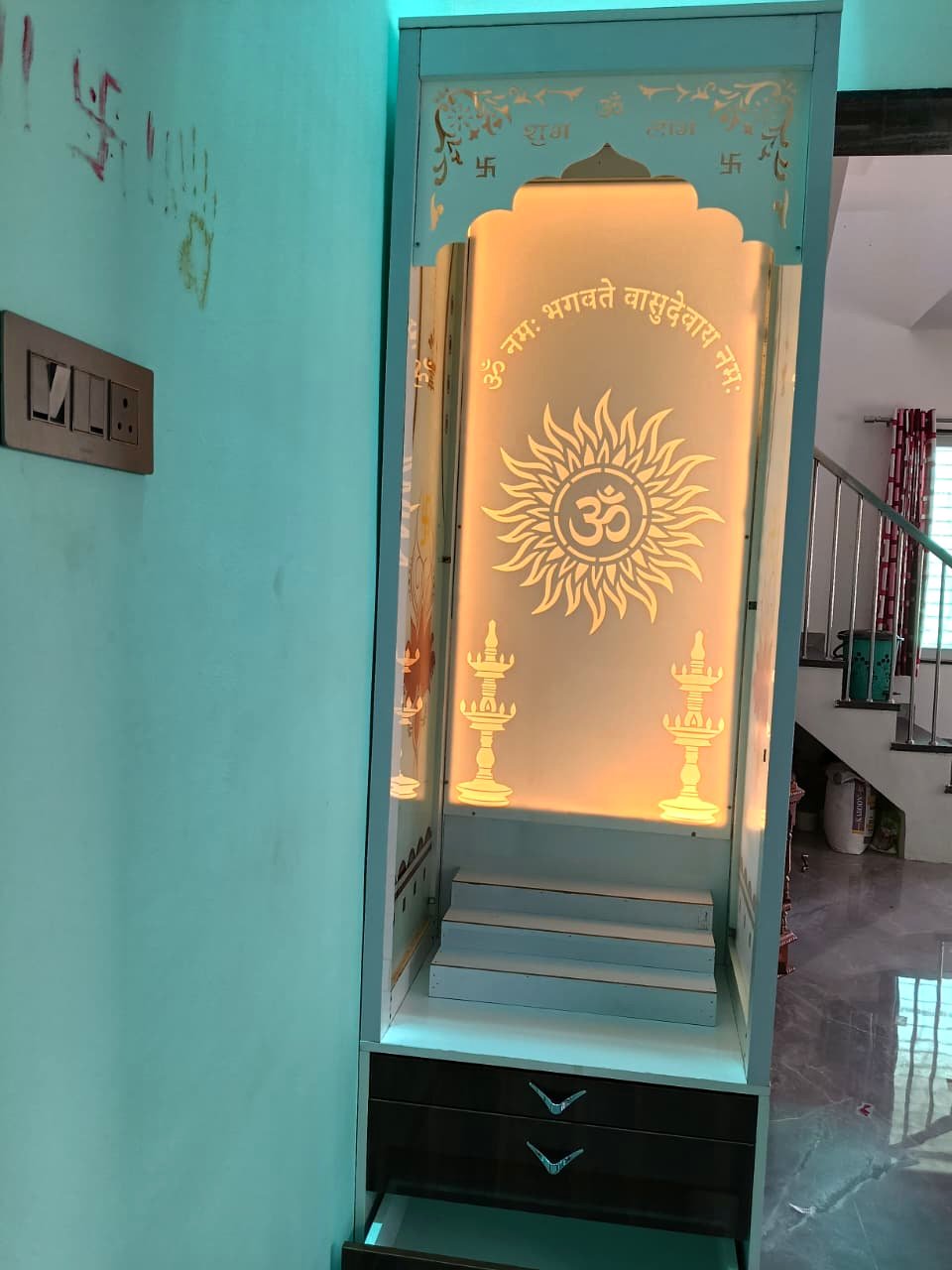 Teak Pooja Ghar and TV unit completed for Anita Patel, Parola Road