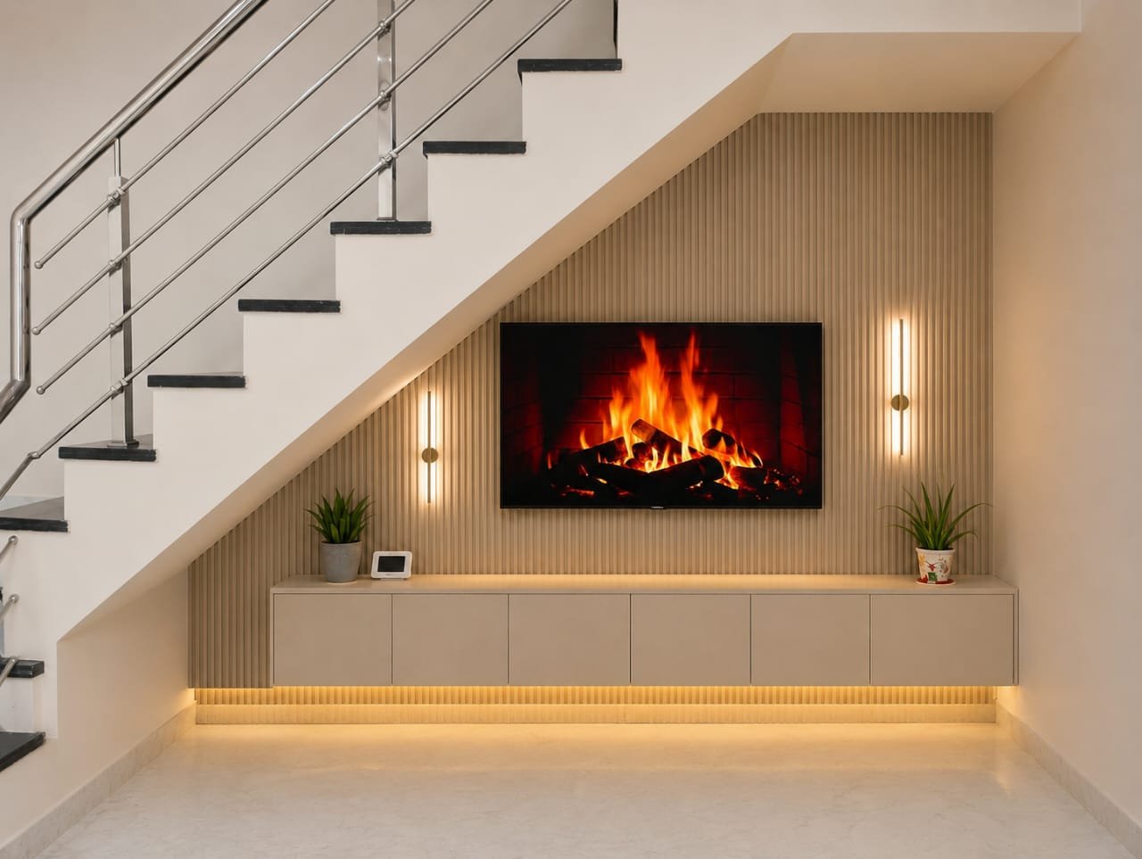 Fluted oak wood living room TV console unit